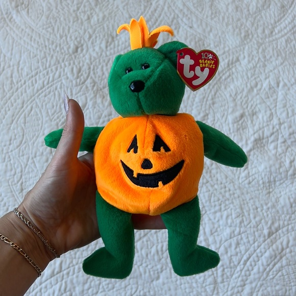 GIFTED TY Tricky Halloween Bear Beanie Babies Baby Jack-o-lantern Pumpkin Green - Picture 2 of 8